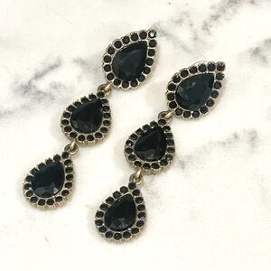 Loren Hope Triple Teardrop Onyx Faceted‎ Crystal Earrings Signed Vintage